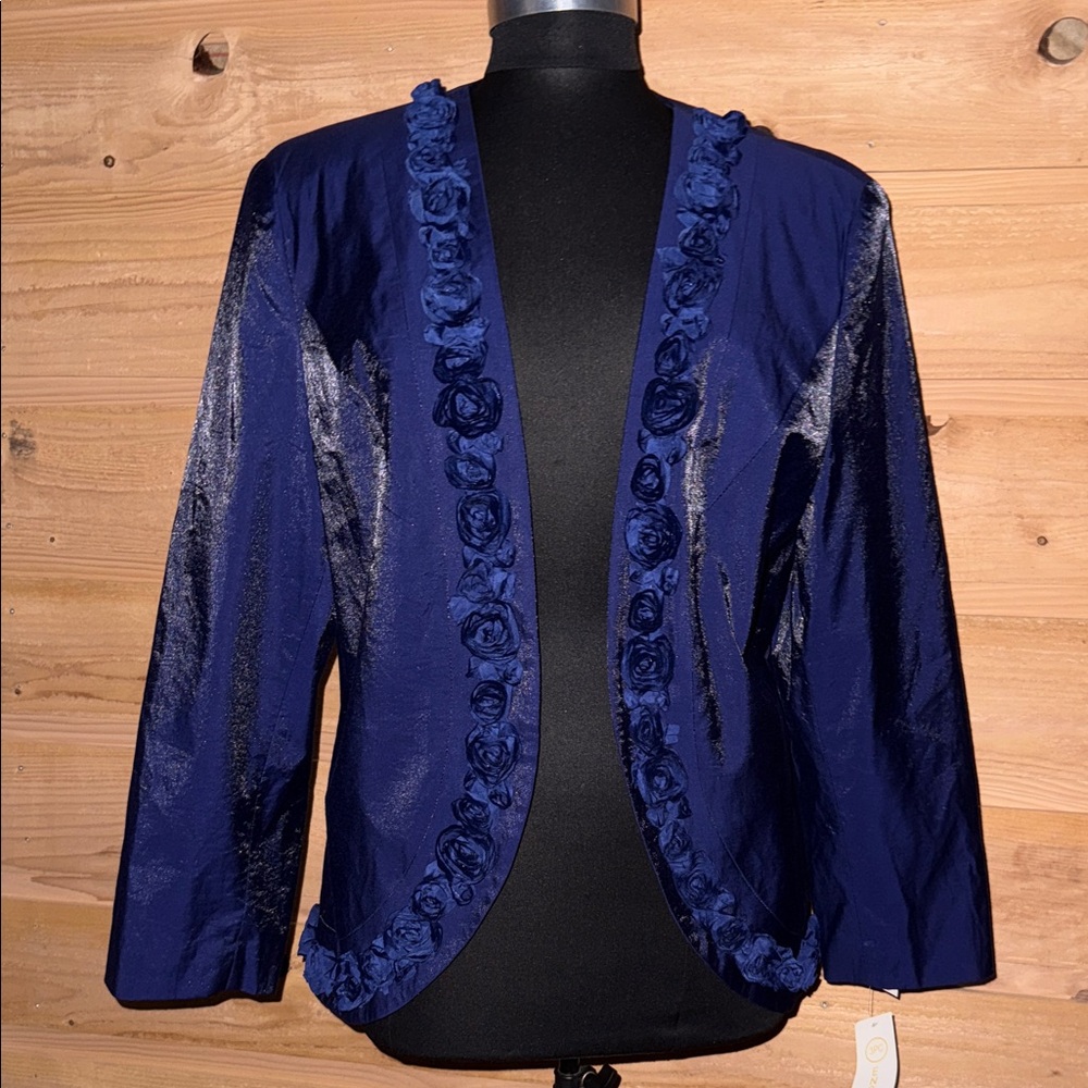 Blueberry taffeta sheen Women's open front Blazer with Floral Rosette Accents